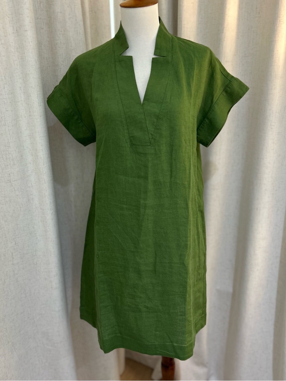 Talbots Olive Green Linen Split Neck Shift Dress Cap Sleeve Size S NWT Lagenlook